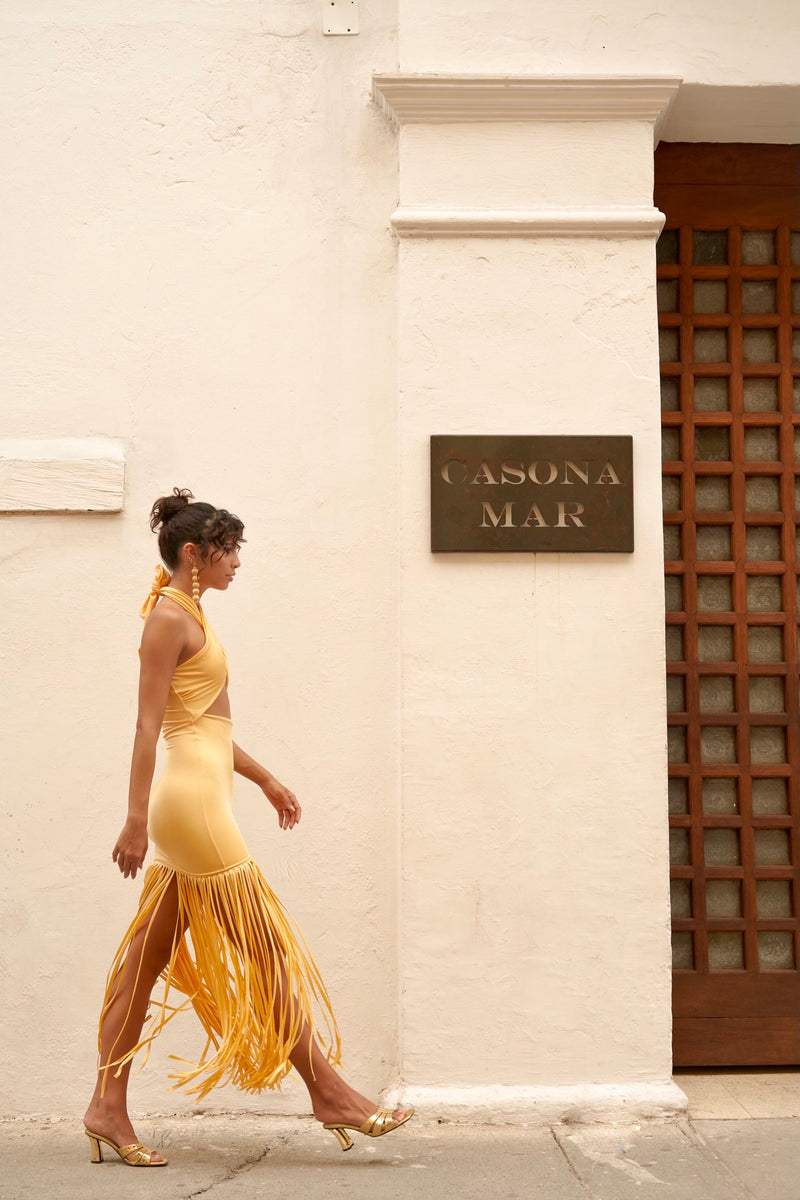 TANGO TROPICAL LASER-CUT FRINGED DRESS/SKIRT – MELLOW YELLOW