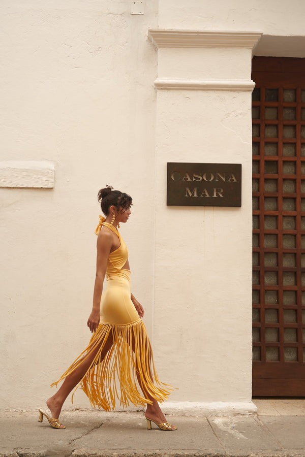 TANGO TROPICAL LASER-CUT FRINGED DRESS/SKIRT – MELLOW YELLOW