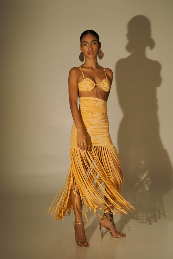 TANGO TROPICAL LASER-CUT FRINGED DRESS/SKIRT – MELLOW YELLOW