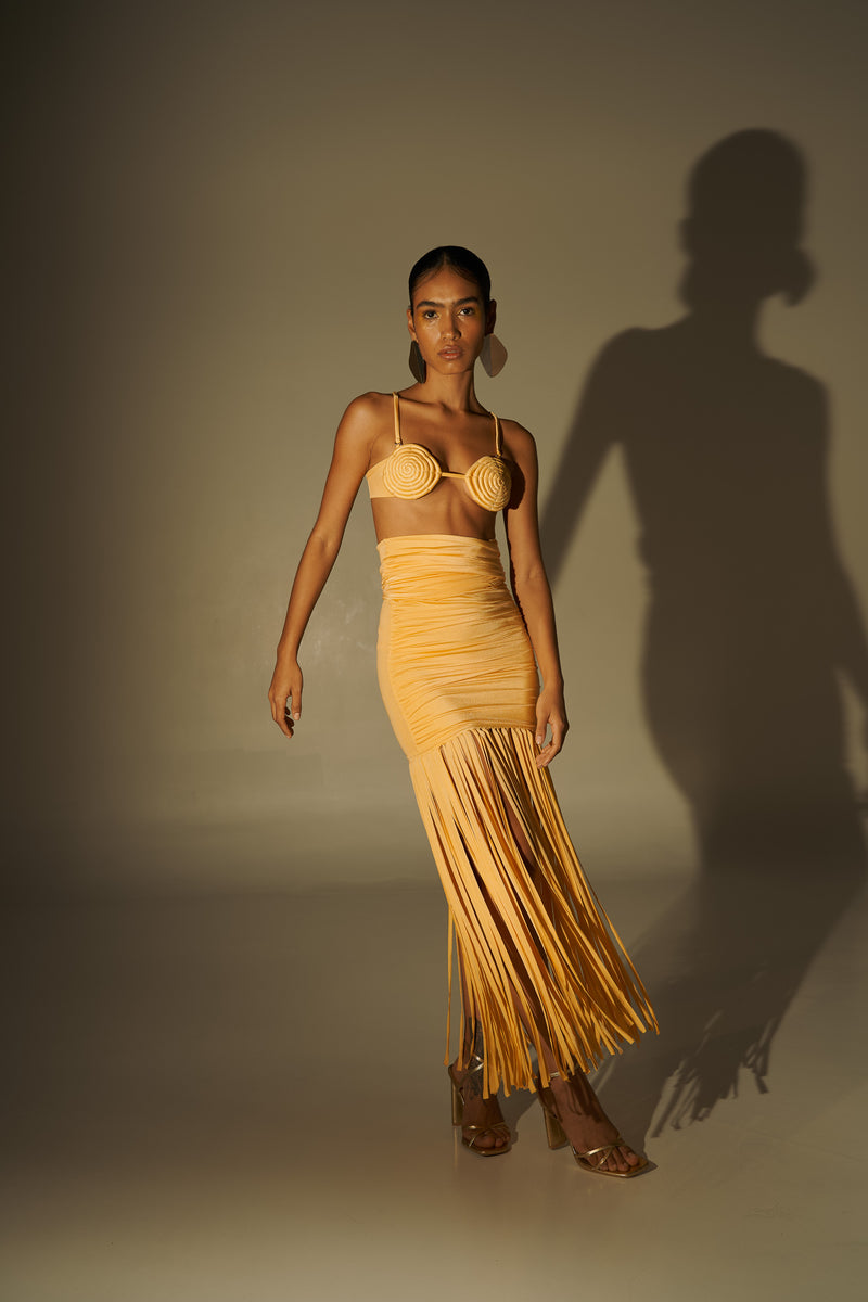 TANGO TROPICAL LASER-CUT FRINGED DRESS/SKIRT – MELLOW YELLOW
