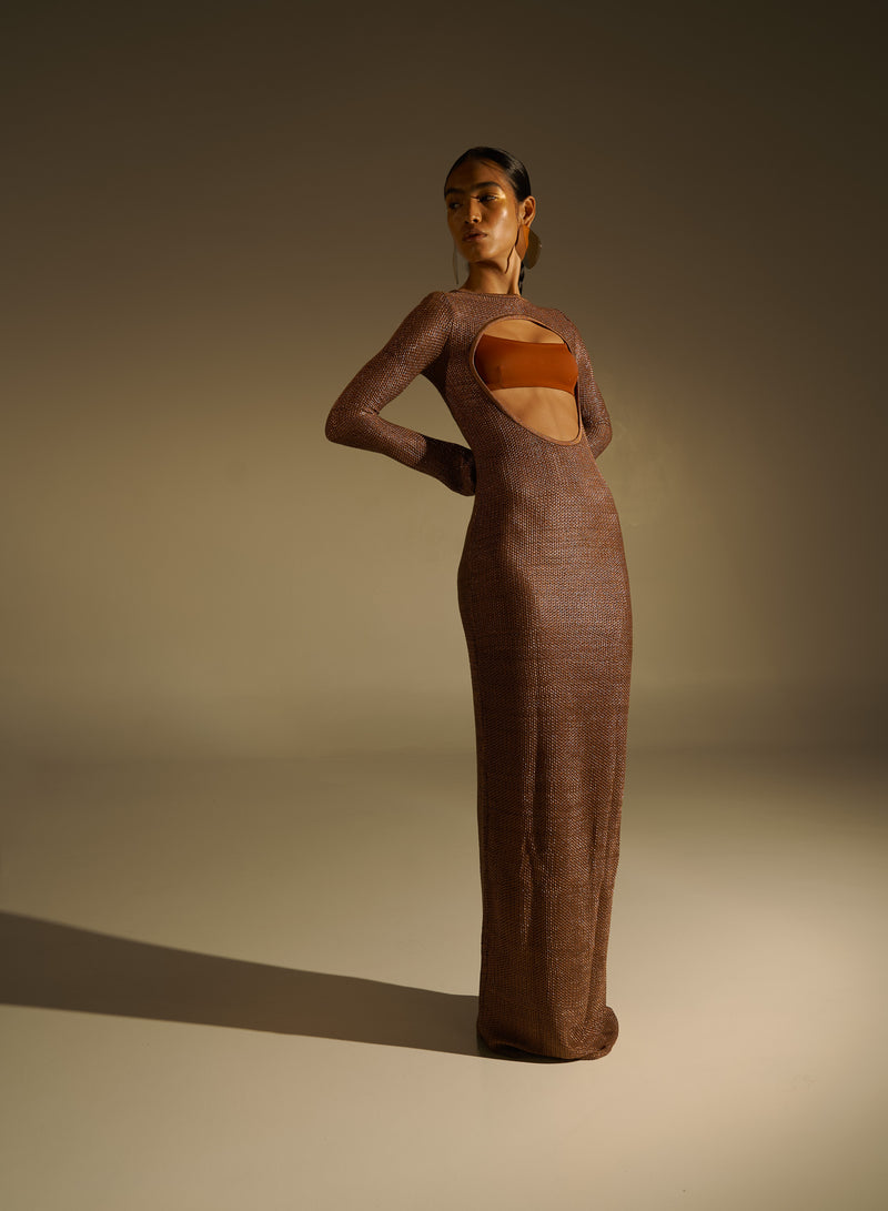 TABACON Y RON OPEN-BACK CROCHET-KNIT MAXI DRESS – COPPER